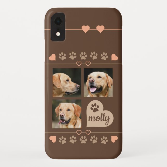 3 Photo Collage Dog Name Brown Heart Case-Mate iPhone Case (Back)