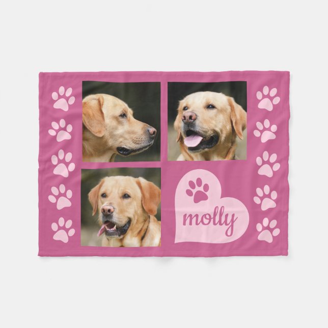 3 Photo Collage Dog Name Pink Heart Fleece Blanket (Front (Horizontal))
