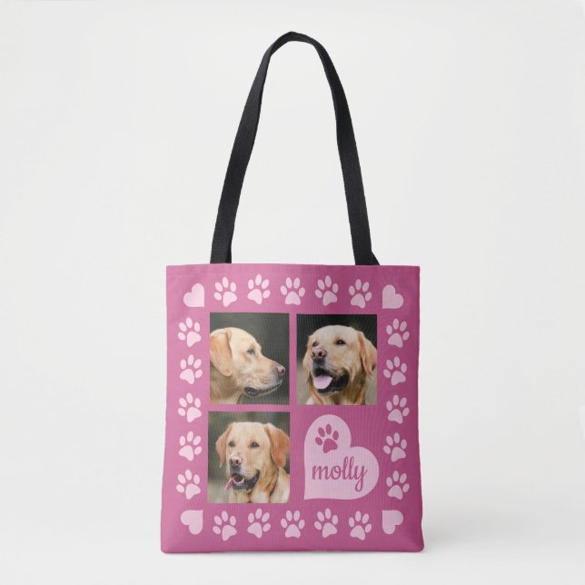 3 Photo Collage Dog Name Pink Heart Tote Bag (Front)