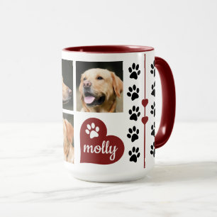 3 Photo Collage Dog Name Red Heart Mug