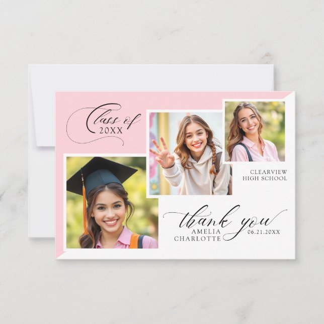 3 Photo Collage Girly Graduation Thank You Card (Front)