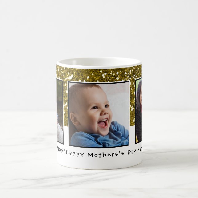 3 Photo Collage Gold Glitter Mothers Day Coffee Mug (Center)