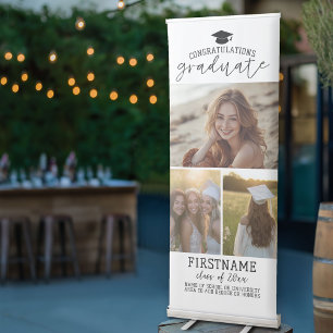 3 Photo Collage Graduation Modern Minimal White Retractable Banner