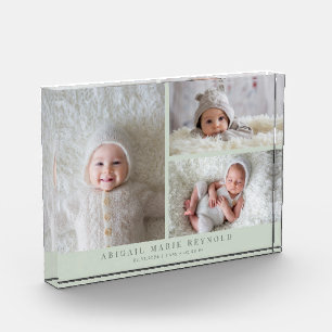 3 Photo Collage Green New Baby Keepsake Block