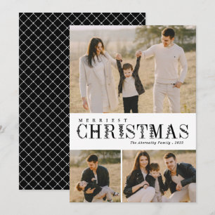 3 Photo Collage Greenery Letters Christmas Black Holiday Card