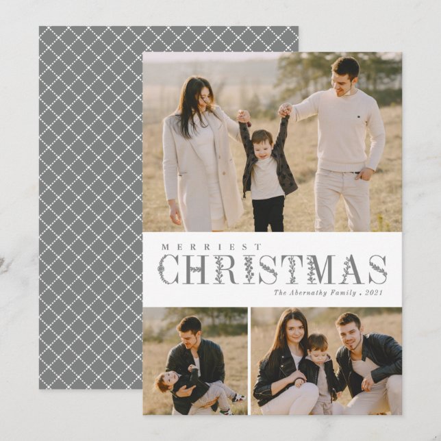3 Photo Collage Greenery Letters Christmas Grey Holiday Card (Front/Back)