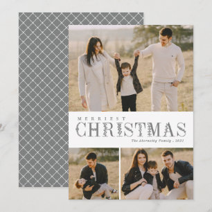 3 Photo Collage Greenery Letters Christmas Grey Holiday Card