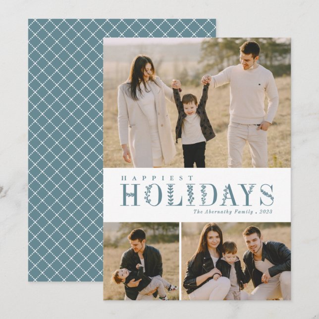 3 Photo Collage Greenery Letters Happiest Dusty Holiday Card (Front/Back)