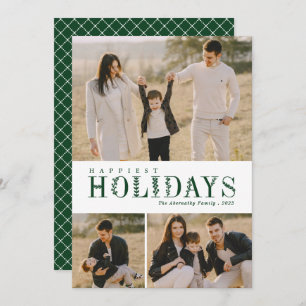 3 Photo Collage Greenery Letters Happiest Green Holiday Card