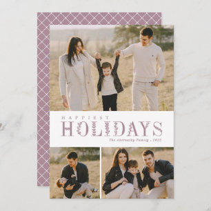 3 Photo Collage Greenery Letters Happiest Mauve Holiday Card