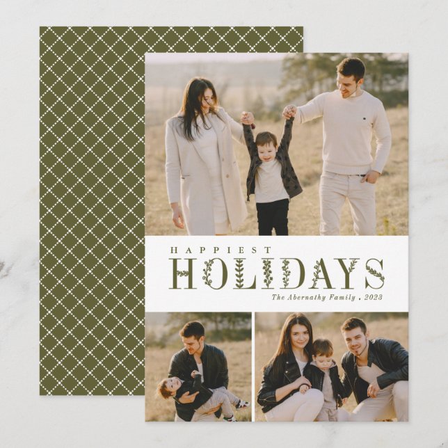 3 Photo Collage Greenery Letters Happiest Olive Holiday Card (Front/Back)