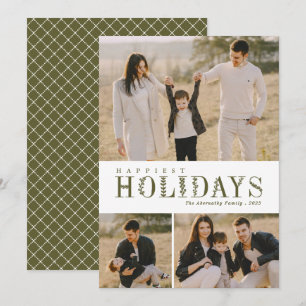 3 Photo Collage Greenery Letters Happiest Olive Holiday Card