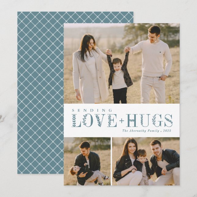 3 Photo Collage Greenery Letters Love Hugs Dusty Holiday Card (Front/Back)