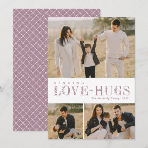 3 Photo Collage Greenery Letters Love Hugs Mauve Holiday Card