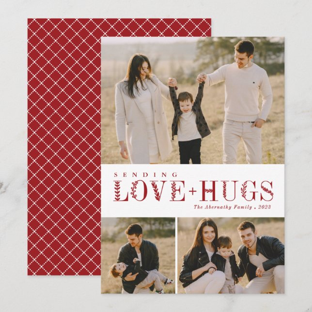 3 Photo Collage Greenery Letters Love Hugs Red Holiday Card (Front/Back)