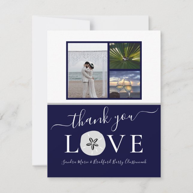 3 Photo Collage Grey Sand dollar Navy Blue Wedding Thank You Card (Front)