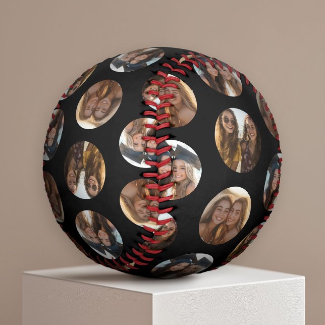 3 Photo Collage Half Brick Pattern - black Circle Baseball (Custom Photo Baseball)
