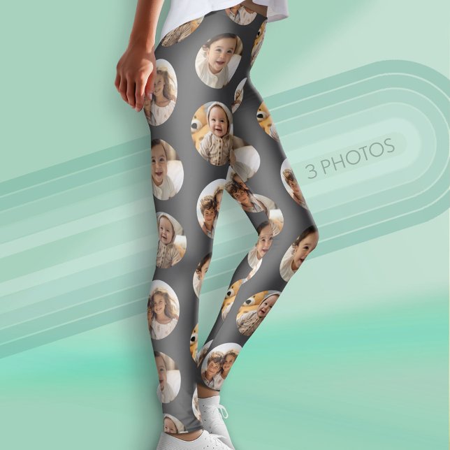 3 Photo Collage Half Brick Pattern - Grey Circle Leggings (Custom Leggings with Photo Collage)
