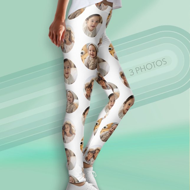 3 Photo Collage Half Brick Pattern - White Circle Leggings (Custom Leggings with Photo Collage)