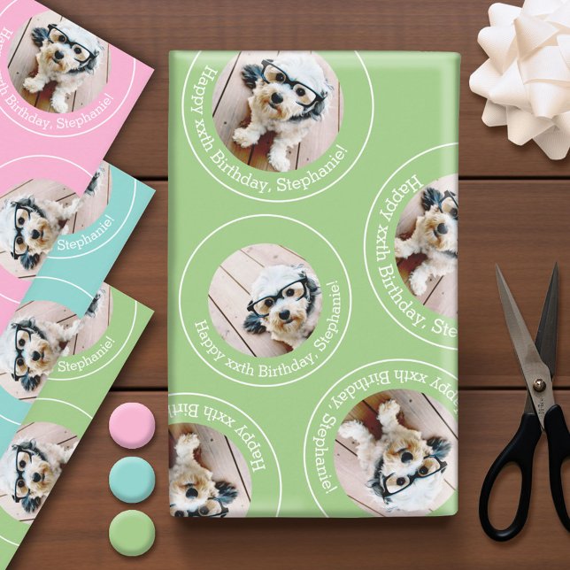 3 photo Collage Happy Birthday Circles pink blue Wrapping Paper Sheet (Custom Photo Wrapping Paper)