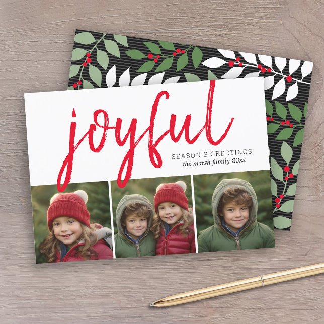 3 Photo Collage - Joyful Season's Greetings Black Holiday Card (3 Photos with a joyful greeting and botanical pattern.)