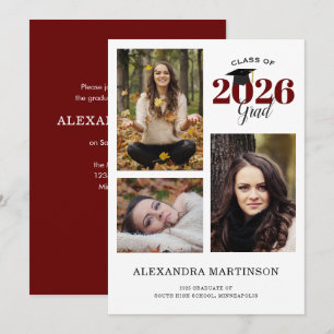 3 Photo Collage Maroon Graduation Invitation