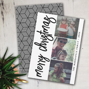 3 Photo Collage Merry Christmas - black white Holiday Card