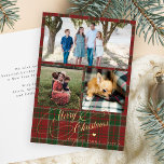 3 photo collage Merry Christmas script plaid Holiday Card<br><div class="desc">Elegant stylish Merry Christmas faux gold classic calligraphy script three square family photos rustic red green plaid tartan holiday card with your custom personalised text on both sides.</div>