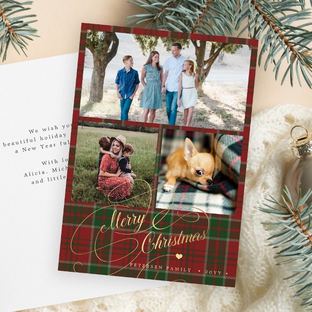 3 photo collage Merry Christmas script plaid Holiday Card (Creator Uploaded)