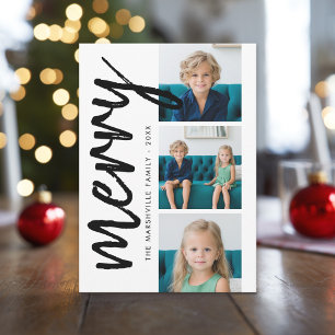 3 Photo Collage Minimal Be Merry black white Holiday Card