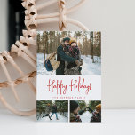 3 Photo Collage Minimalist Modern White Red Holiday Card<br><div class="desc">Completely customisable 3 photo template with room for photo and text on back. Featuring modern fonts,  elegant layout,  and snow pattern on the back.</div>