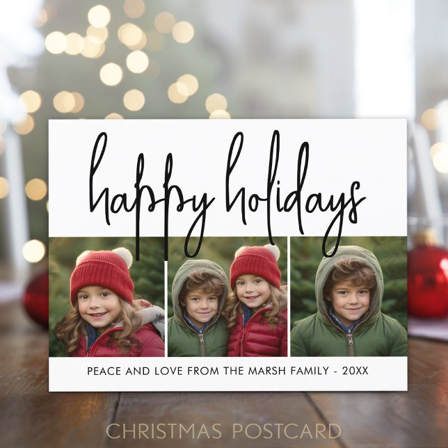 3 Photo Collage Mod Script black white - Happy Holiday Postcard (Holiday Photo Postcard)