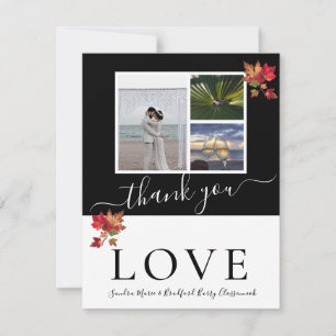3 Photo collage modern black white autumn leaves Thank You Card