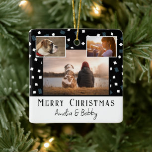 3 Photo Collage Modern Black White Christmas Ceramic Ornament