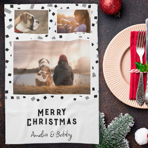 3 Photo Collage Modern Black White Christmas Tea Towel