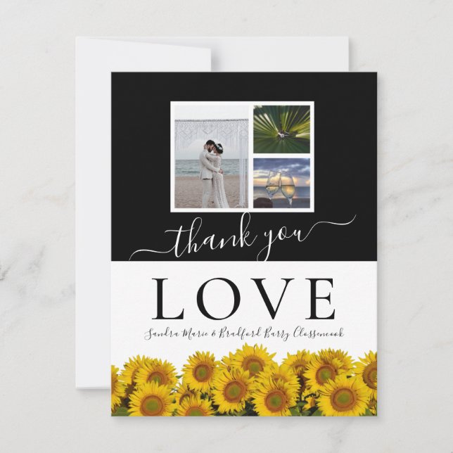 3 Photo collage  modern black white sunflower Thank You Card (Front)