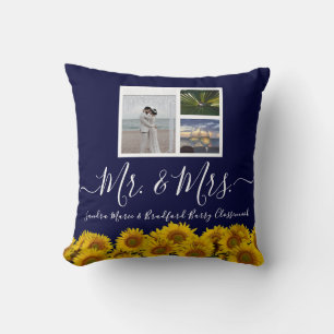 3 Photo collage modern blue sunflower Wedding  Cushion