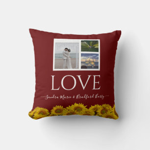 3 Photo collage modern burgandy sunflower Wedding  Cushion