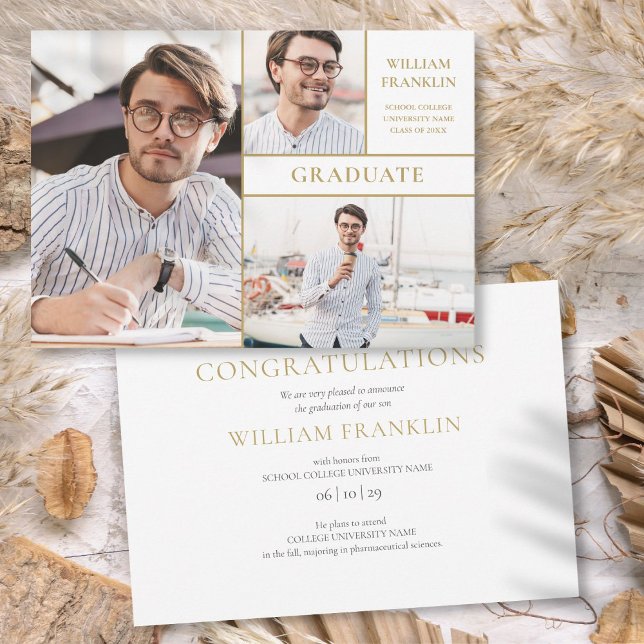 3 Photo Collage Modern Gold Graduation Announcement (3 Photo Collage Modern Gold Graduation Announcement)