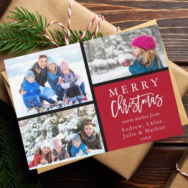 3 Photo Collage Modern Merry Christmas Red Holiday Card (Creator Uploaded)