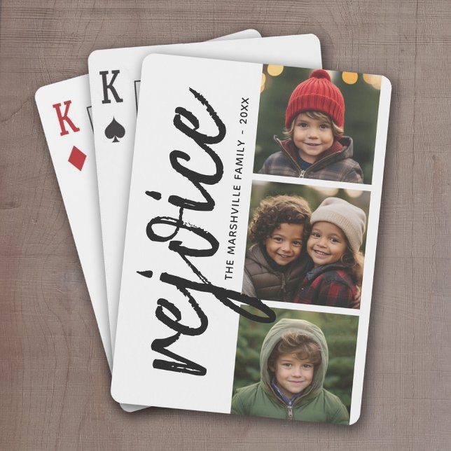 3 Photo Collage - Modern Merry Christmas Rejoice Playing Cards (Personalized Playing Cards - Add 3 Photos and Custom Text)