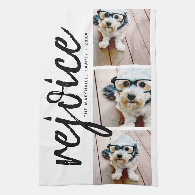 3 Photo Collage - Modern Merry Christmas Rejoice Tea Towel (Vertical)