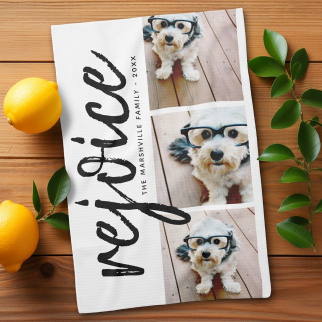 3 Photo Collage - Modern Merry Christmas Rejoice Tea Towel (Personalized Kitchen Towel with photos and text - Makes a great gift)