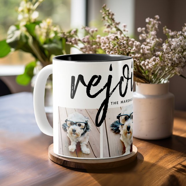 3 Photo Collage - Modern Merry Christmas Rejoice Two-Tone Coffee Mug (Personalized Coffee Mug)