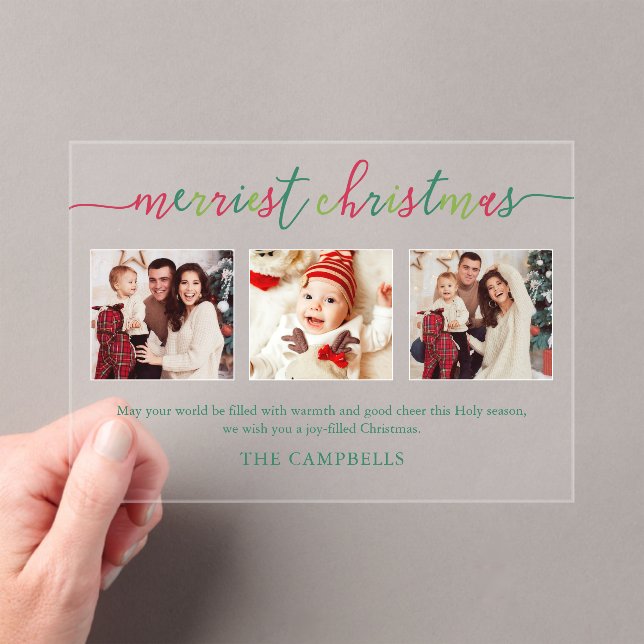 3 Photo Collage Modern Script "Merriest Christmas" Acrylic Invitations (Insitu (Handheld))