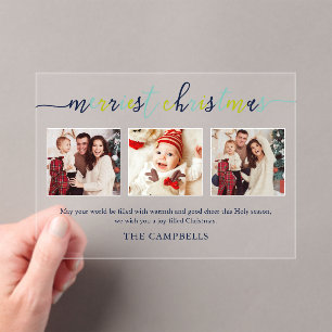 3 Photo Collage Modern Script "Merriest Christmas" Acrylic Invitations