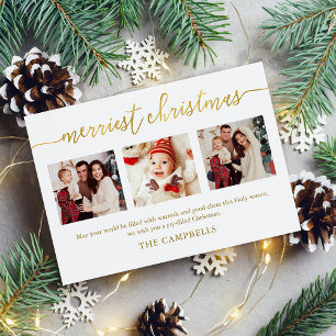 3 Photo Collage Modern Script "Merriest Christmas" Holiday Card