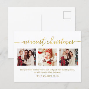 3 Photo Collage Modern Script "Merriest Christmas" Holiday Postcard