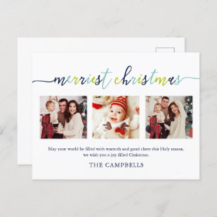 3 Photo Collage Modern Script "Merriest Christmas" Holiday Postcard