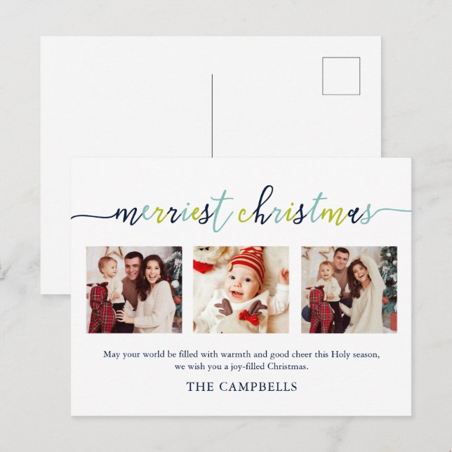 3 Photo Collage Modern Script "Merriest Christmas" Holiday Postcard (Front/Back)